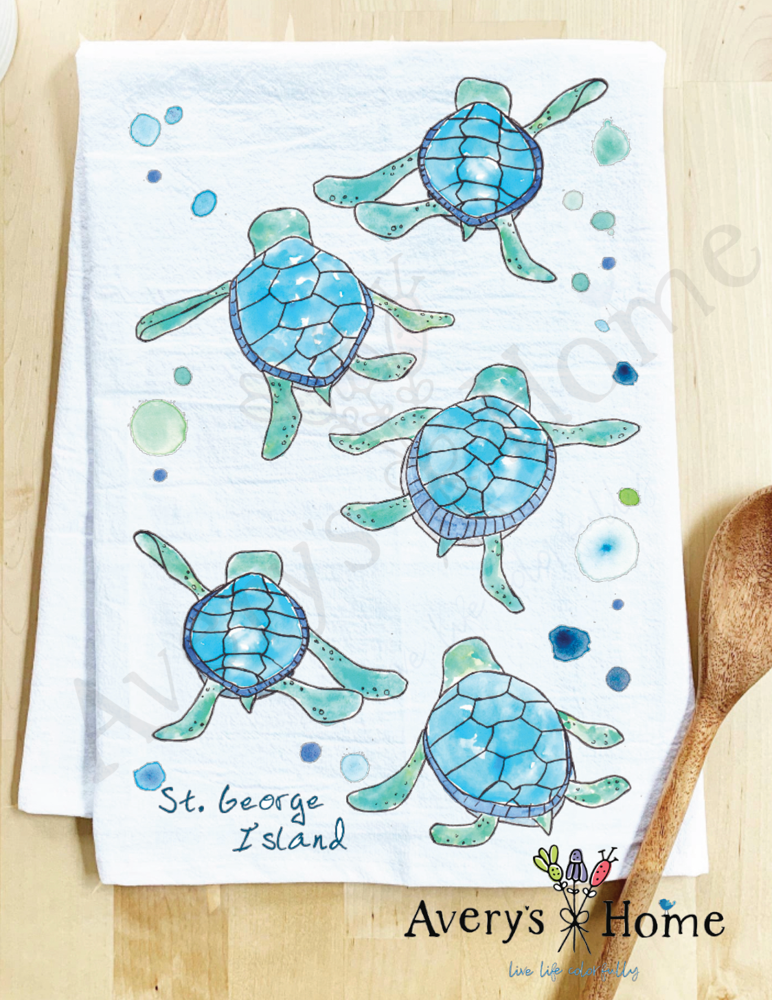 Avery's Home - Vente Torchons - Serviette de cuisine personnalisable avec adorables bébés tortues marchant sur la côte27