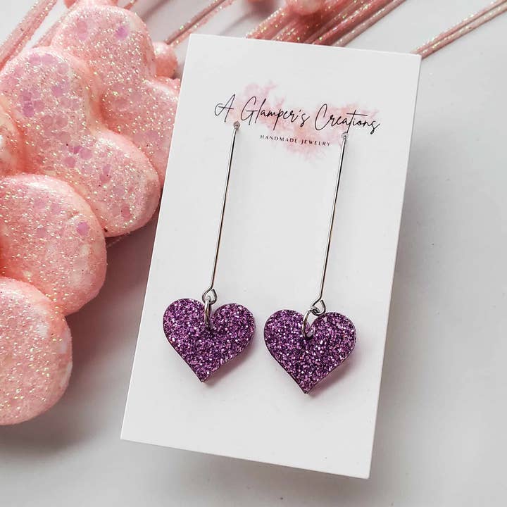 Purple Glitter Heart Dangle Acrylic Valentine's Earrings for wholesale by A Glamper's Creations LLC