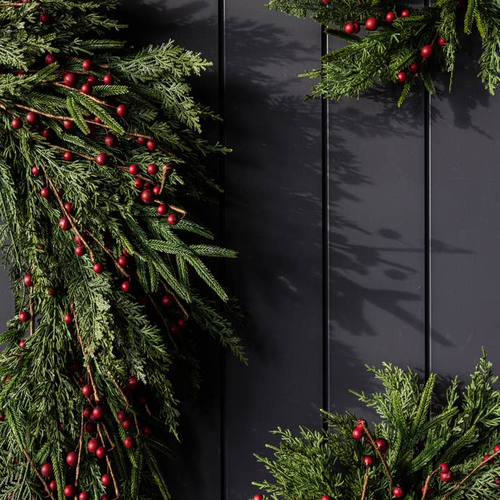 Luxe B Co - Wholesale Wreath - Red Plum Berry Norfolk Cypress Real Touch Wreath - 34"7