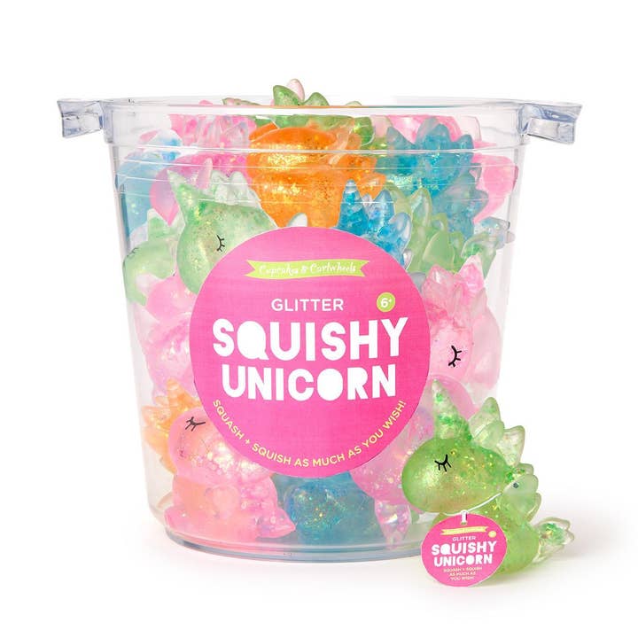 28 Pc Squishy Glitter Unicorn Toy Unit with Bucket Display for wholesale by Cupcakes & Cartwheels by Two's Company