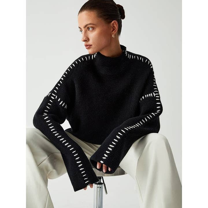 BLACK Stylish Long Sleeve Parisian Round-Neck Knitwear for wholesale on Faire