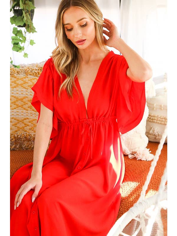 Vine & Love - Wholesale Dress - Women's - V-neck shirring flutter sleeve maxi dress VD810493