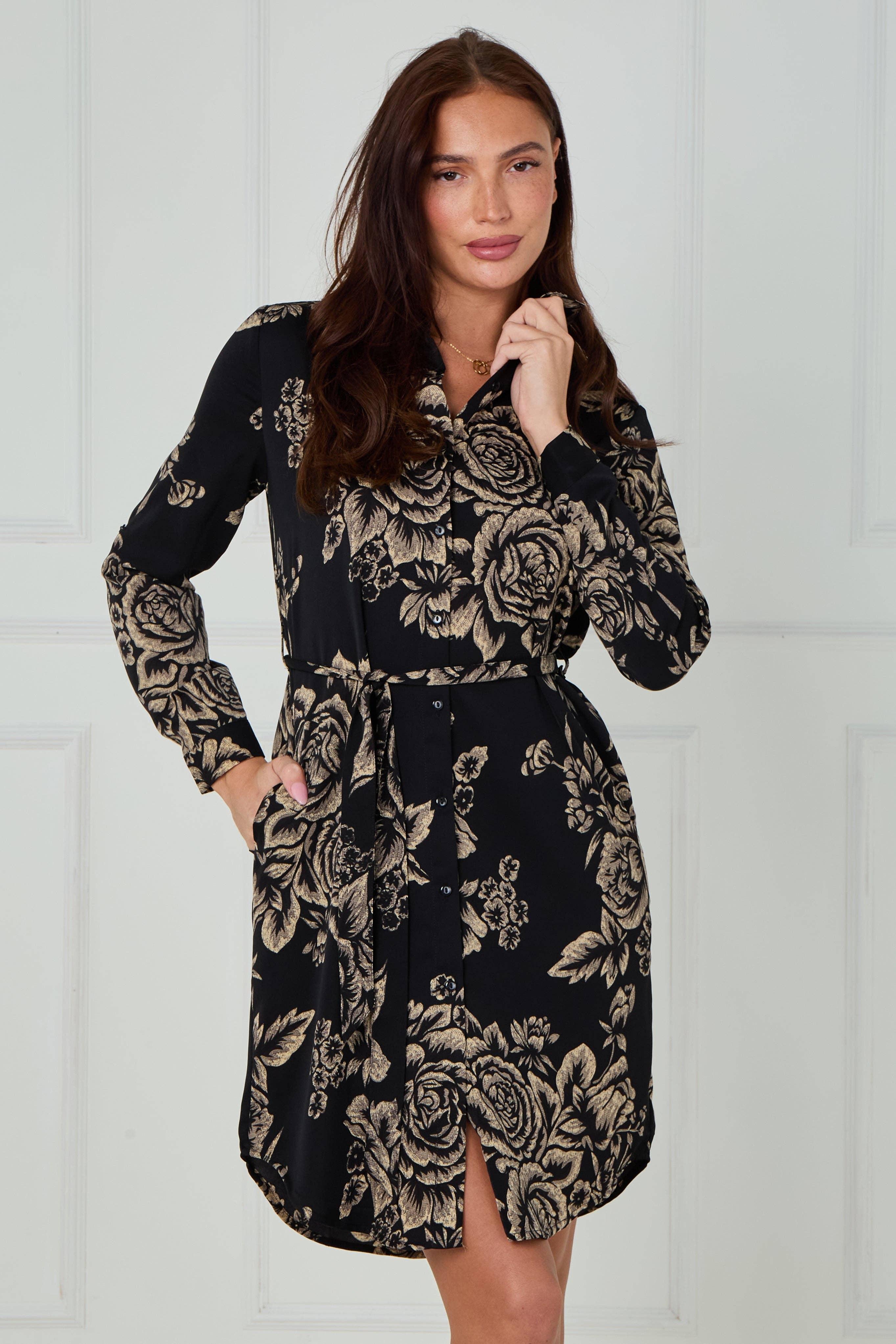 Black and Beige Rose Print Mini Shirt Dress for wholesale on Faire4