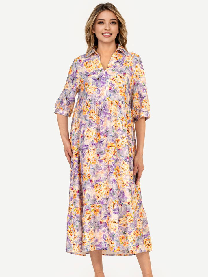 Mbd-9746 Madison Midi Collared Tiered Dress Lilac Floral for wholesale by Pixi + Ivy