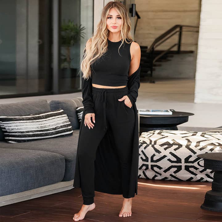 Lovesoft - Wholesale Lounge Set - Women's - Knit 3 Piece Sports Sets Tank Tops Loose Pants with Long Cardigan