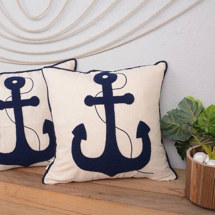 Capa de Almofada Bordada à Mão com Âncora Náutica Azul-Marinho por atacado de Kilim Pillow Decors