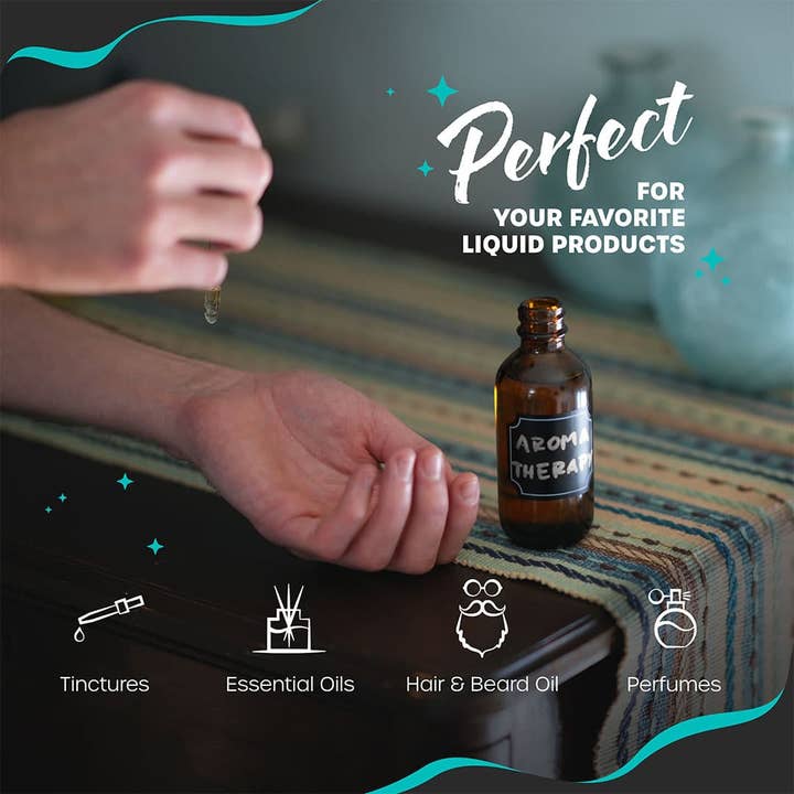 Nevlers - Wholesale Travel container - Nevlers 4 oz Amber Glass Dropper Bottle (Set of 48) | Includes Labels, Shrink Wrap, Funnel, Brush and Marker3