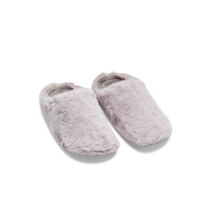 Women's grey fluffy faux fur mule slippers, 100% recycled materials for wholesale by Walk In Pitas UK