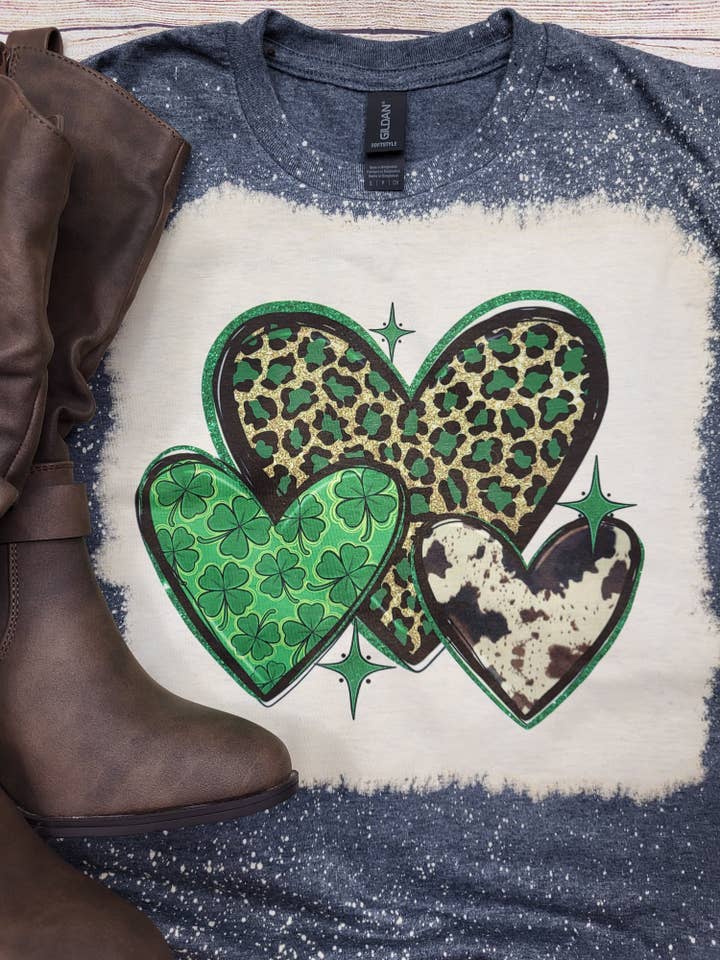 St. Patrick's Day Hearts Bleached Tee for wholesale by Wanderlust Designs Wholesale