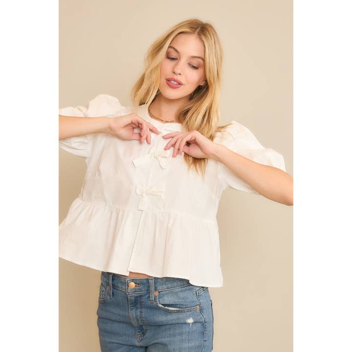 Sweet Generis – Großhandel Bluse – Damen – Babydoll-Bluse aus Baumwollgewebe mit offenem Vorderteil und Schleifendetails18