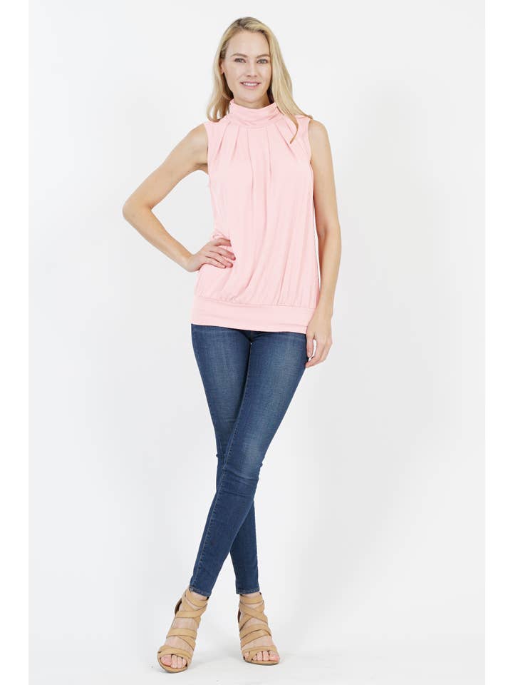 42POPS - Wholesale Blouse - Women's - ...._ SI-22453 SLEEVELESS HIGH NECK PLEATED TOP WITH WAISTBAND