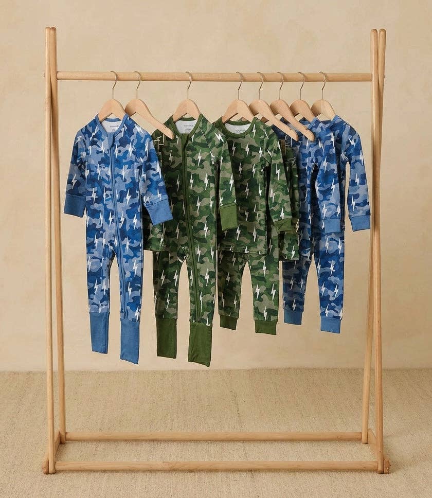 Lucky Panda Kids - Wholesale Jumpsuit - Baby - Bamboo Zip Romper | Blue Camo Bolts1
