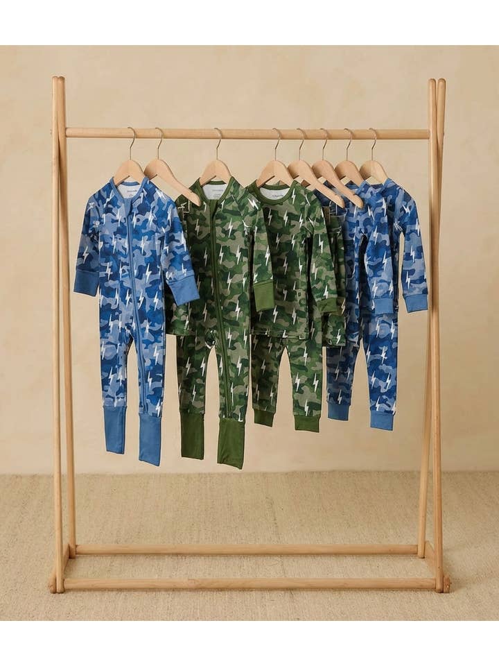 Lucky Panda Kids - Wholesale Jumpsuit - Baby - Bamboo Zip Romper | Blue Camo Bolts1