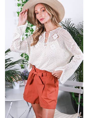 Vine & Love - Wholesale Shorts - Women's - High-Rise Waist Tie 100% Cotton Shorts VP81178