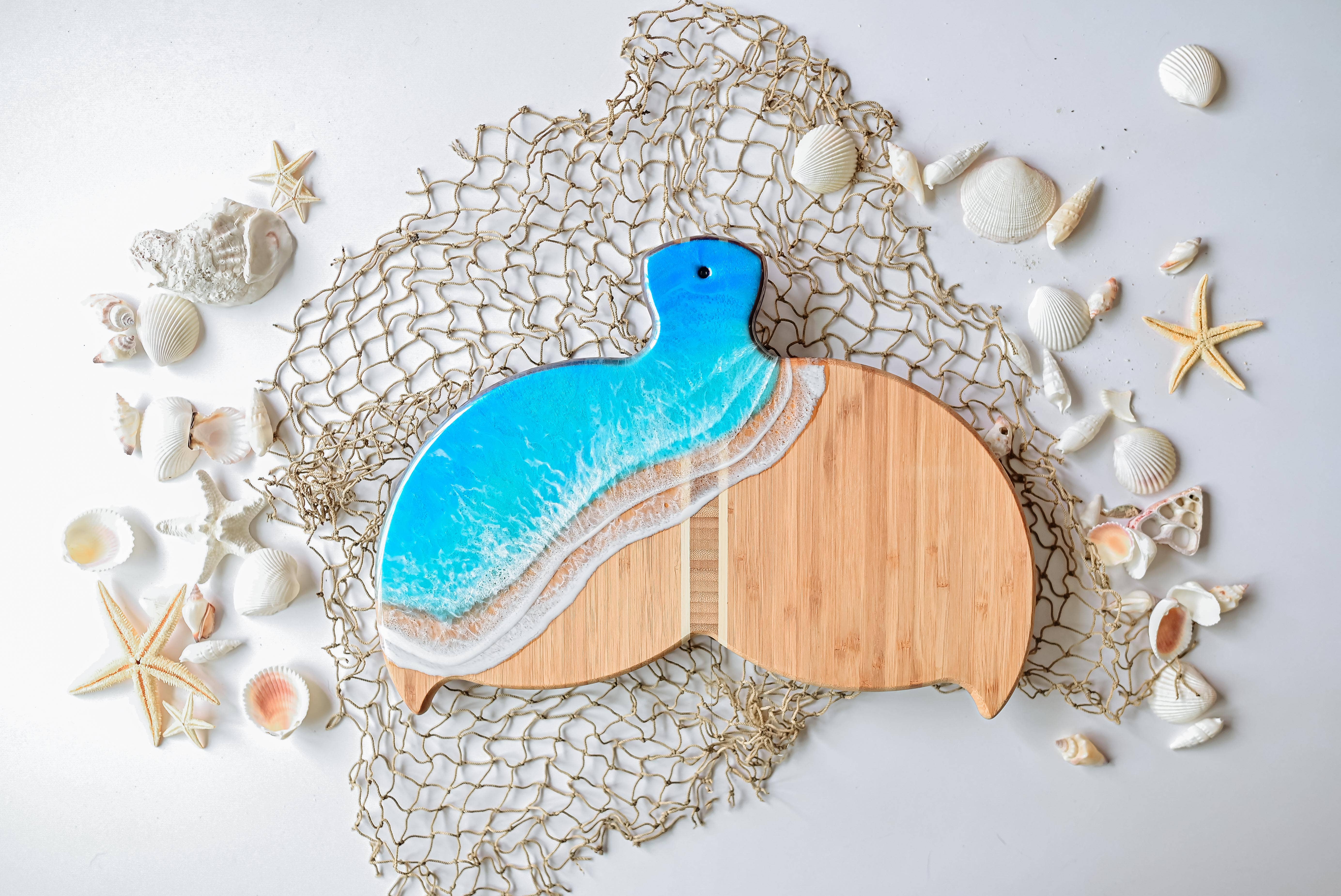 LC Custom Artistry - Wholesale Cheese Board - Resin Ocean Whale Tail Bamboo Charcuterie Board0