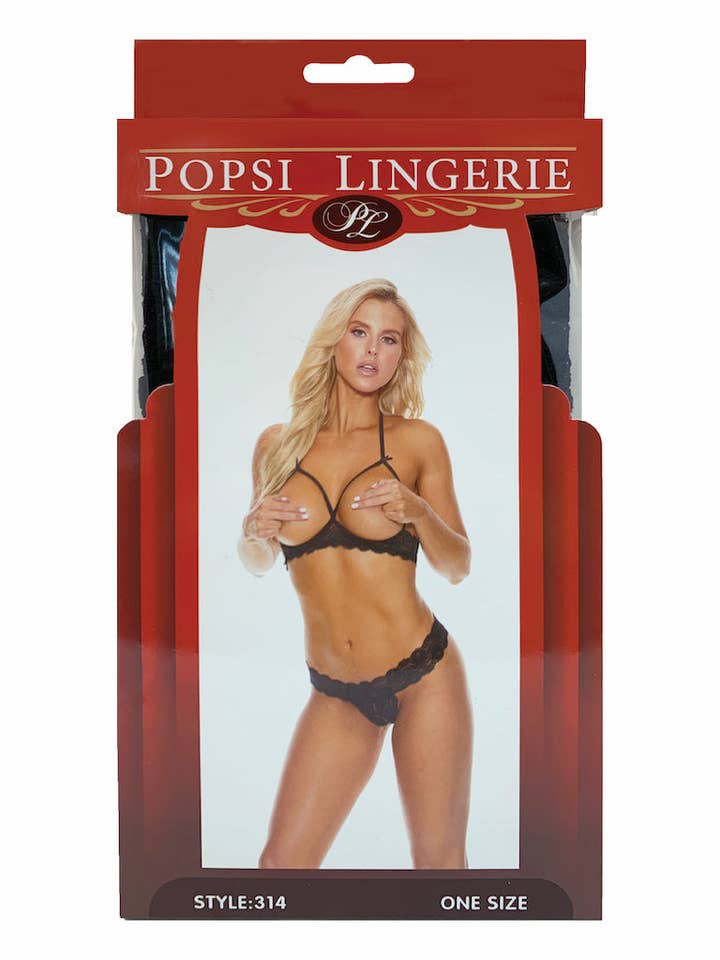 Popsi Lingerie – Großhandel Dessous-Set – Damen – Spitzen-BH mit offenem Oberteil und gestreiftem Höschen (VERPACKT)