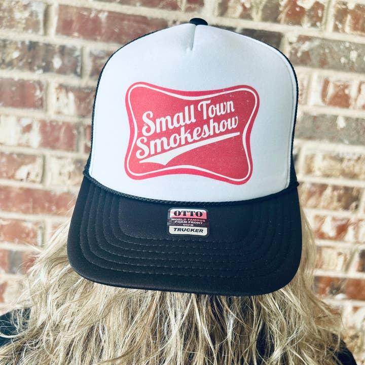 Small Town Smokeshow DTF Printed Black & White Trucker Hat for wholesale by Southern Attitude Designs Inc