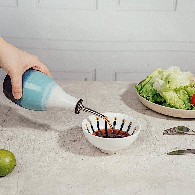 The Wine Savant / Khen Glassware - Wholesale Oil/Vinegar Dispenser - Cruet Ceramic Olive Oil Dispenser Bottle - 6" H 3" W (Blue)