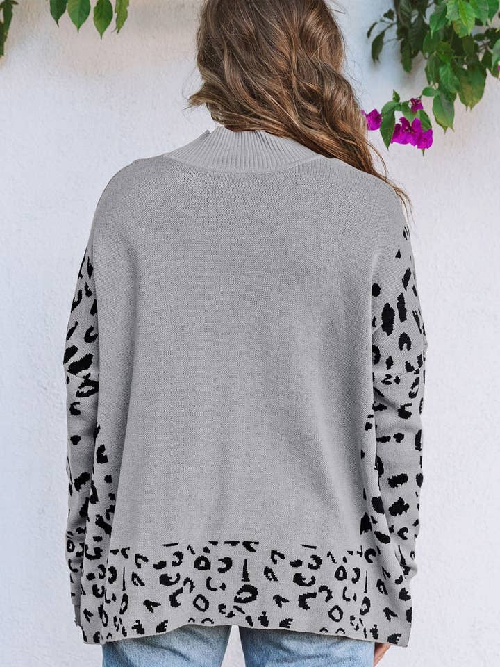 Suhkasana - Wholesale Knit Sweater - Women's - Khaki Leopard High Neck Side Slit Oversized Sweater4