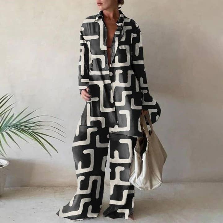 FurDecoration - Wholesale Top & Pant Set (NOT Loungewear) - Women's - Printed Loose Fit Long Sleeve Shirt And Straight Leg Pants