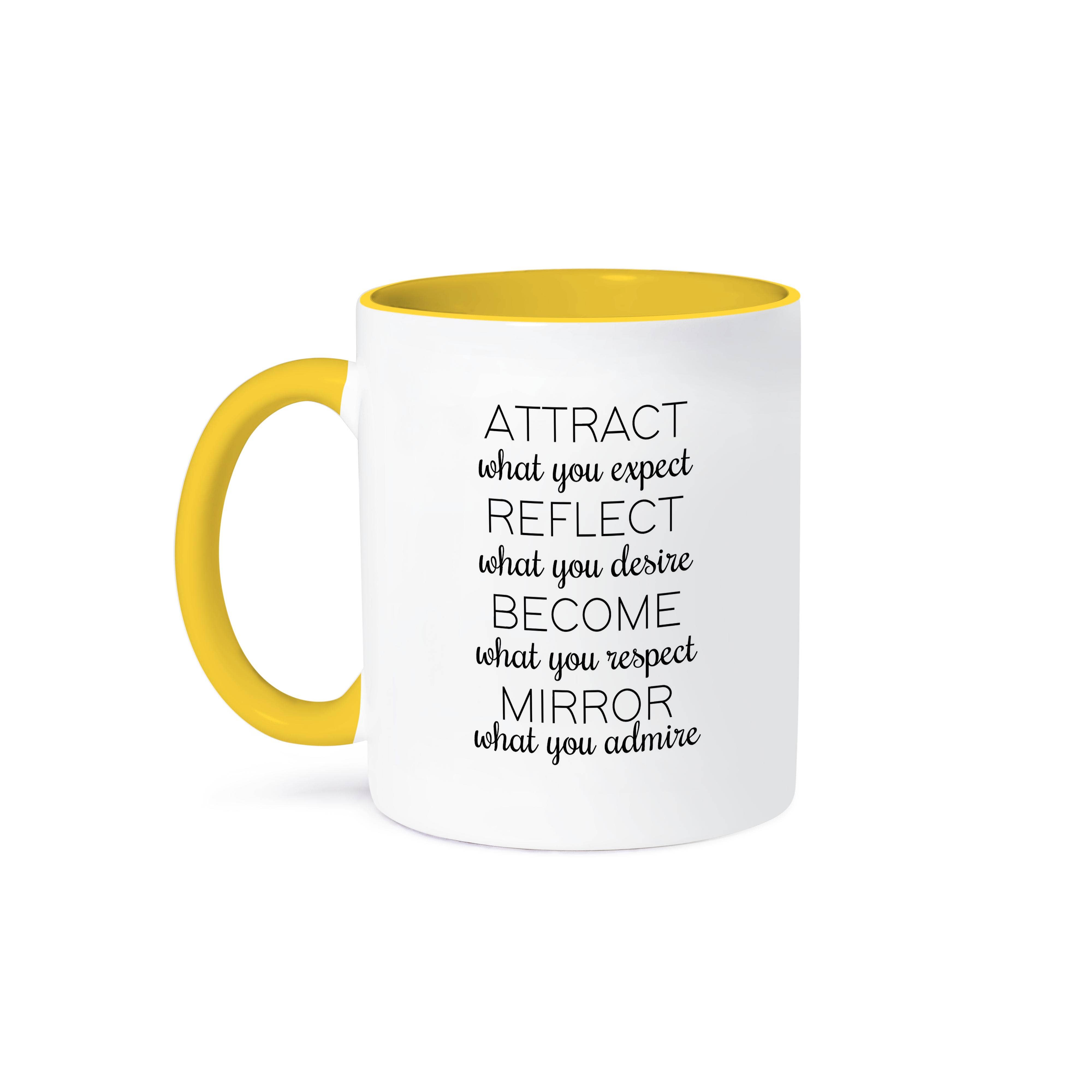 3dRose - Wholesale Coffee Mug - 3dRose, Attract, Reflect, Become, Mirror. Black lettering on white background., Mug0