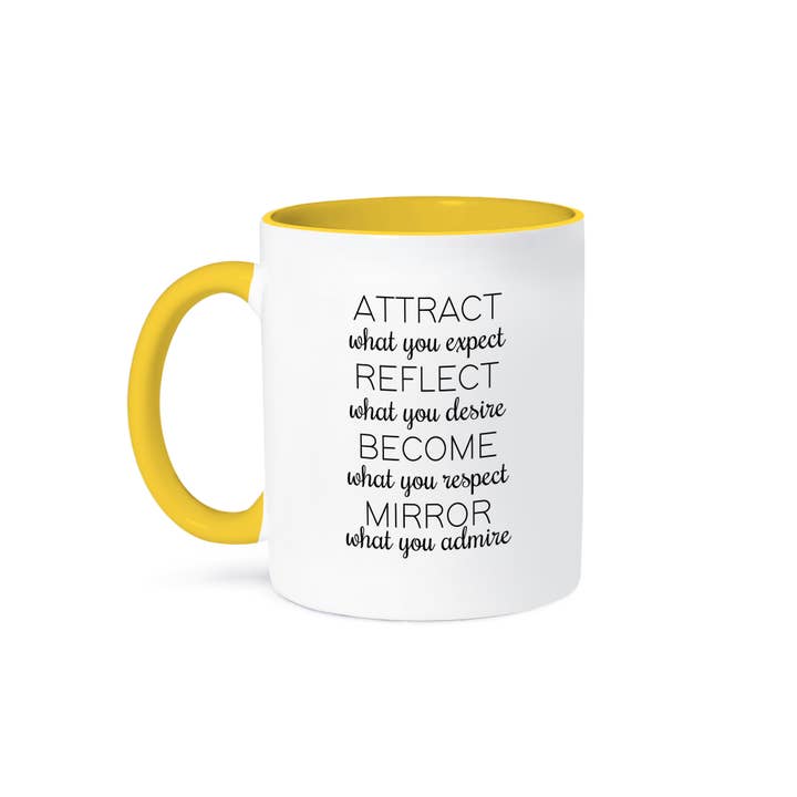 3dRose - Wholesale Coffee Mug - 3dRose, Attract, Reflect, Become, Mirror. Black lettering on white background., Mug