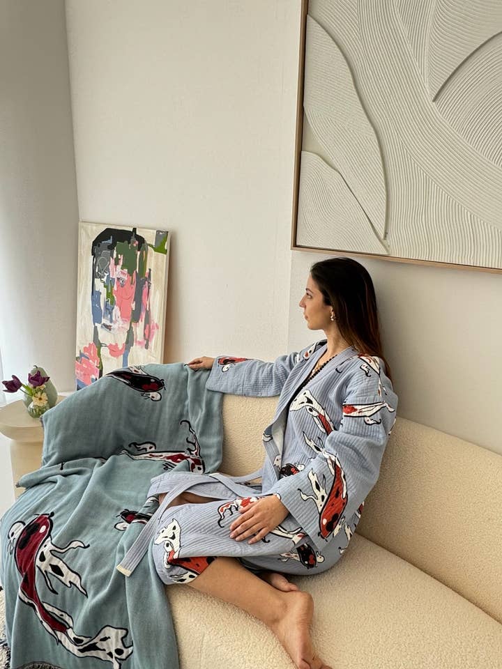 ASHY & SLEEK - Wholesale Kimono - Women's - Koi Fish Kimono - 100% cotton koi fish pattern in blue &red 8