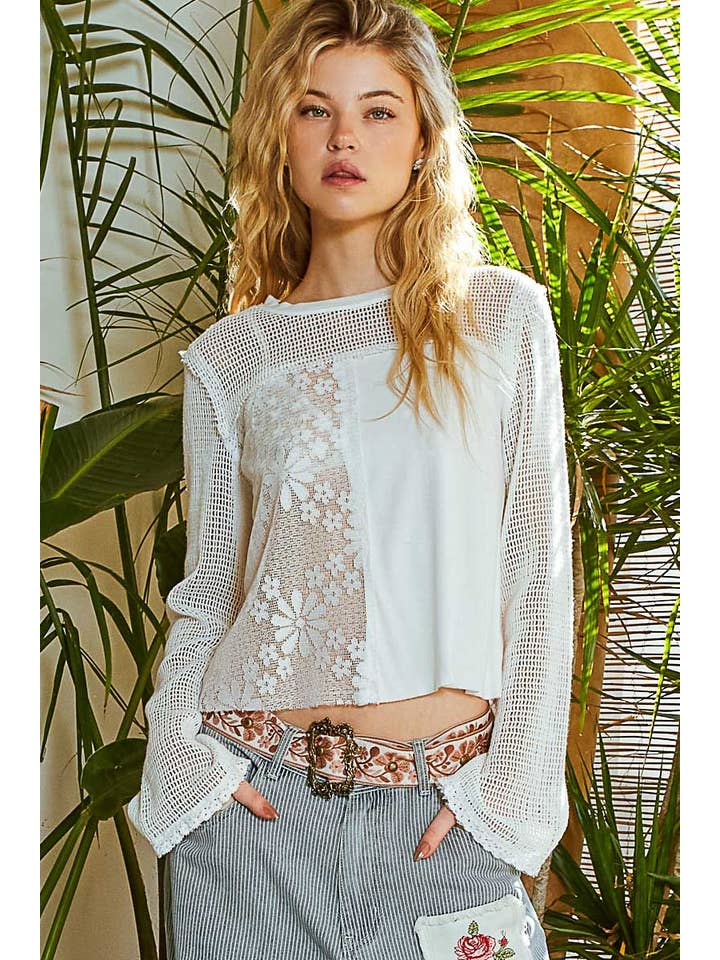 Pol Clothing - Wholesale Knit Top - Women's - Round neck long sleeve lace crochet contrast top