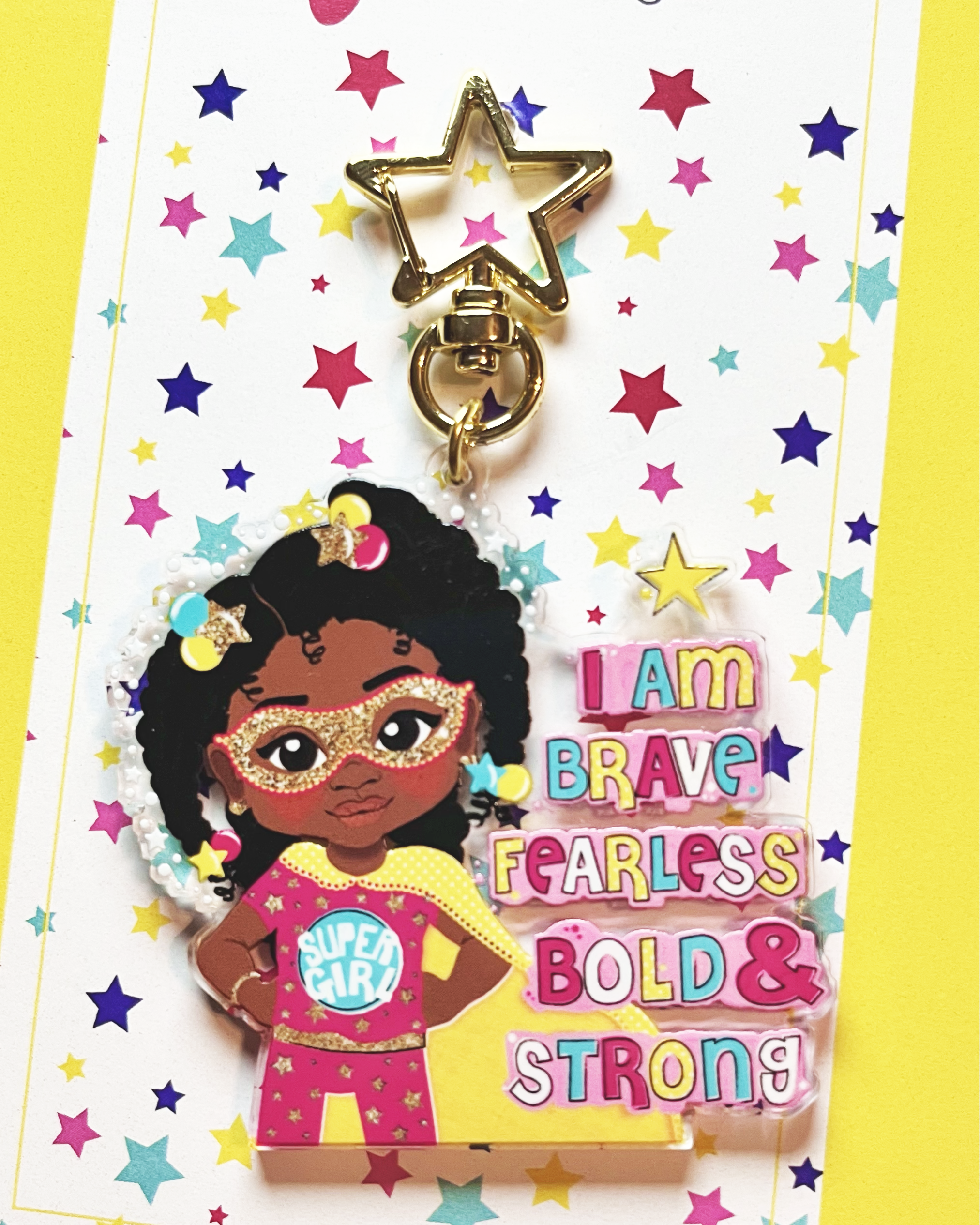 Fefus Designs - Wholesale Keychain - Kids - Black Girl Superhero Keyring – Empowering Recycled Acrylic Bag Charm for Kids | Afro Girl Keychain by Fefus Designs2