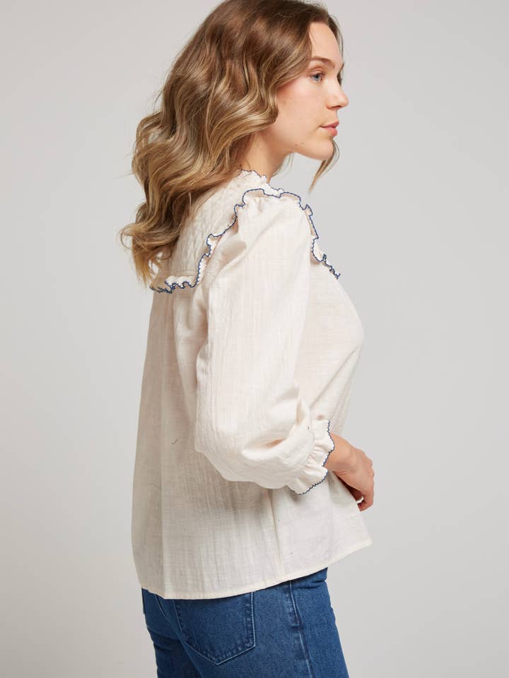 Andy & Lucy - Wholesale Blouse - Women's - FLORIE - Ecru blouse with ruffled colored edges1