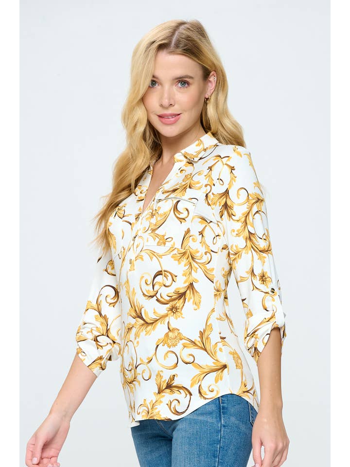 DNA Couture - Wholesale Blouse - Women's - Printed Knit Blouse with Zipper Detail1