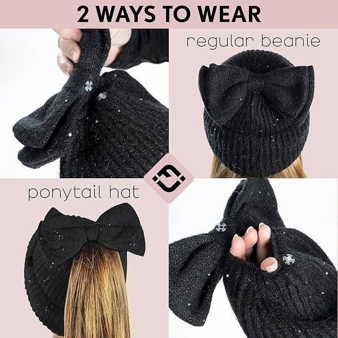 Funky Junque – wholesale Mössa - Dam – Paljetthästsvansmössa med topp rosett - svart1