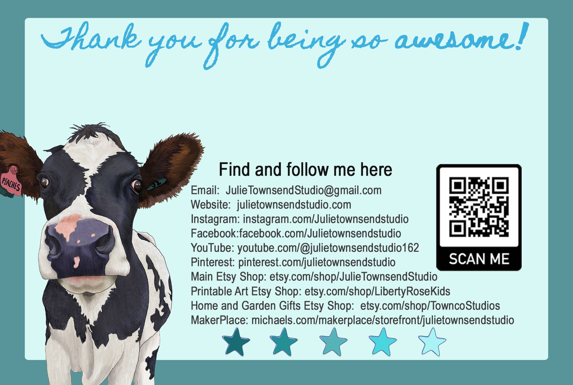 Julie Townsend Studio - Wholesale Recipe Card - Recipe Cards - Set of 12 Cute Cow Recipe Cards - COW LOVER 16