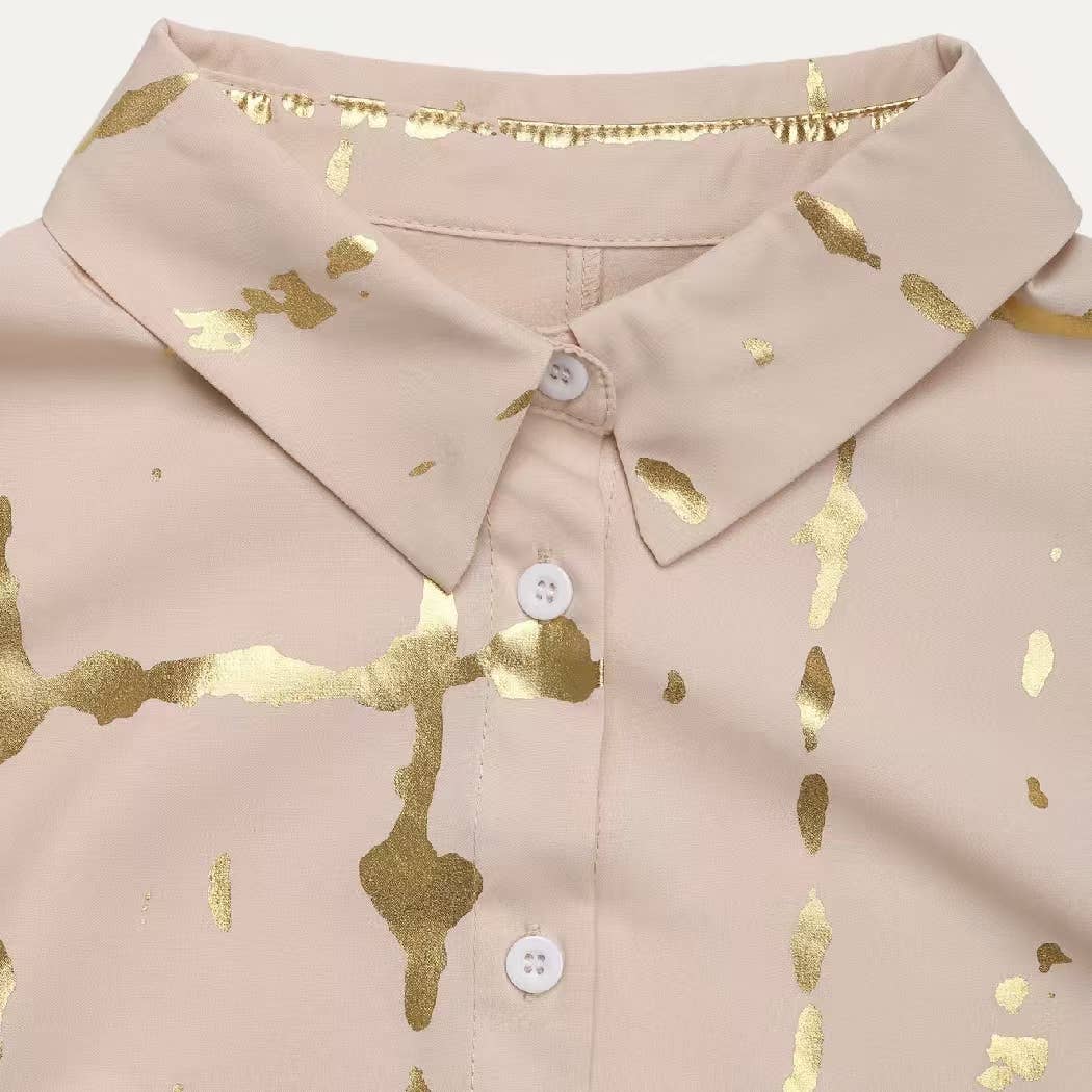 Light Khaki Metallic Gold Pattern Collared Butto-Up  Shirt for wholesale on Faire3