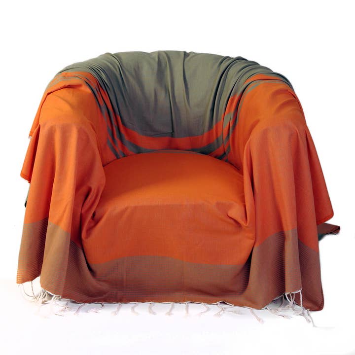 TANGER - Oranje/groen katoenen stoelworp 200x200 voor wholesale door Fouta Futée
