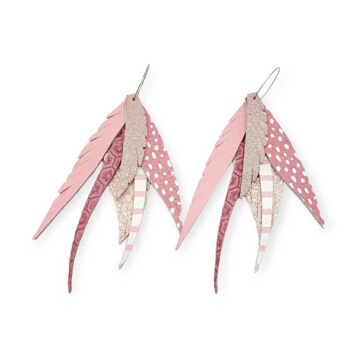 Interchangeable Pink Leather Feather Earrings for wholesale by White Shed Creations