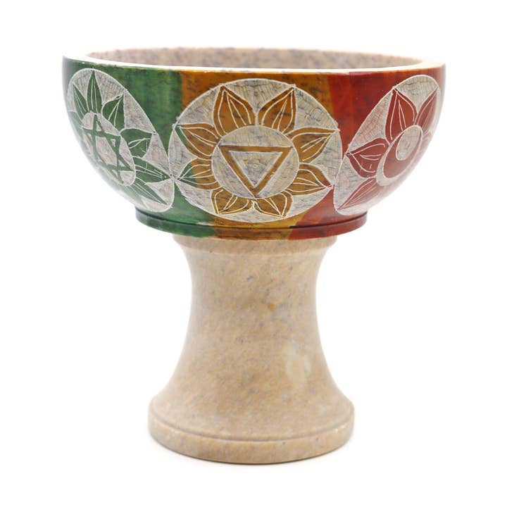 Soapstone Smudge Bowl w / Stand - 7 Chakras for wholesale by Designs by Deekay Inc.