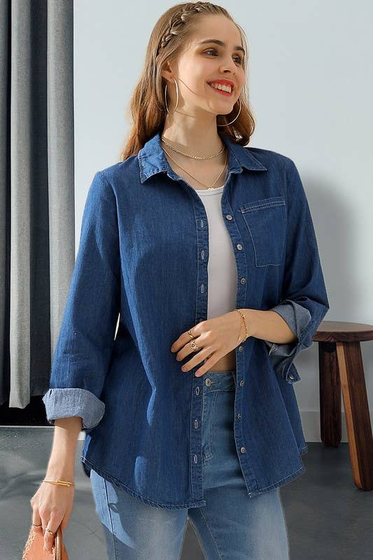 NINEXIS - Wholesale Button Down Shirt - Women's - CWTSTL088_DENIM CHAMBRAY BUTTON UP LONG SLEEVE TOP4