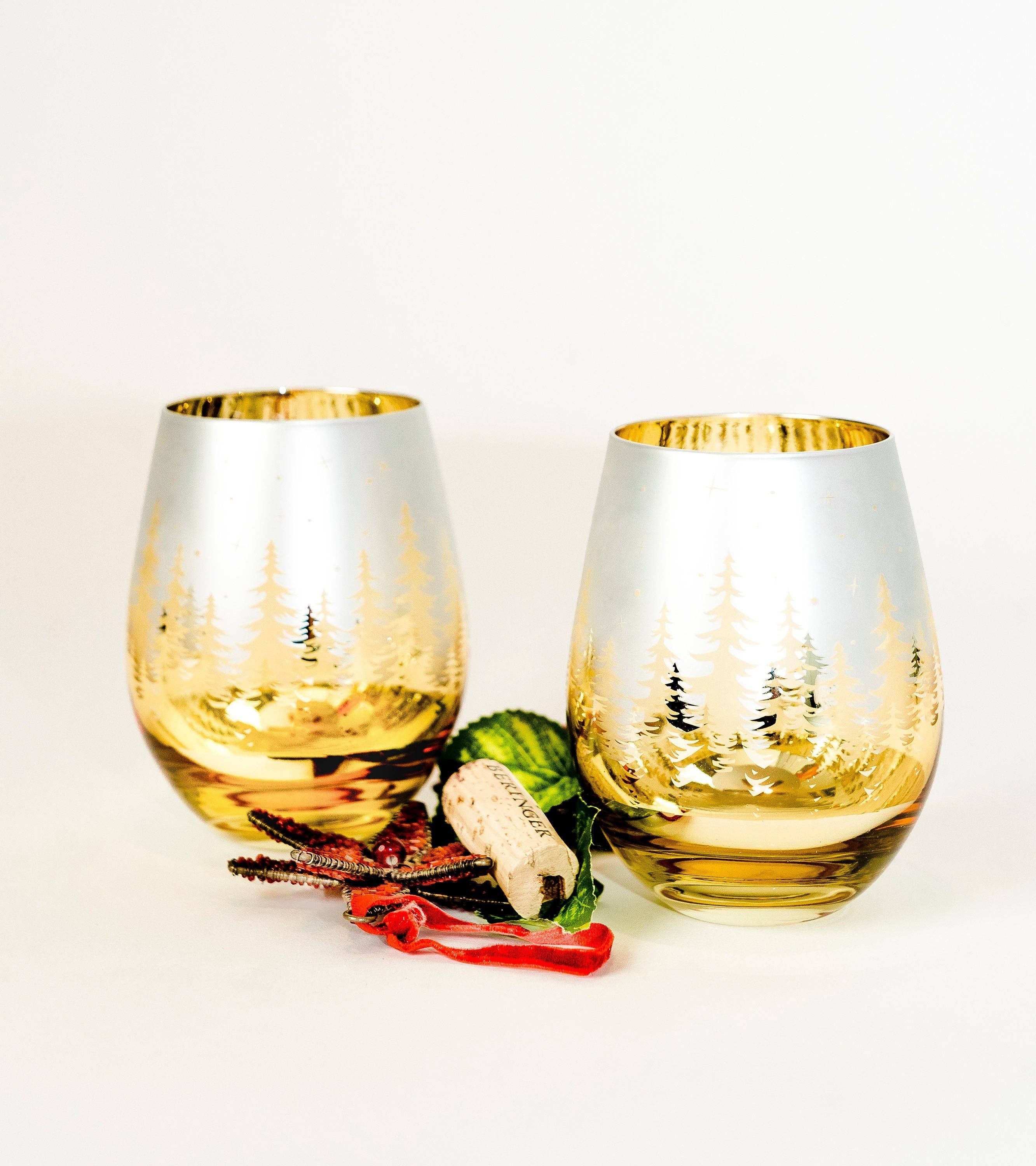 Jersey Art Glass - Wholesale Wine Glass - Gold Christmas Stemless Wine (Set of 2)2