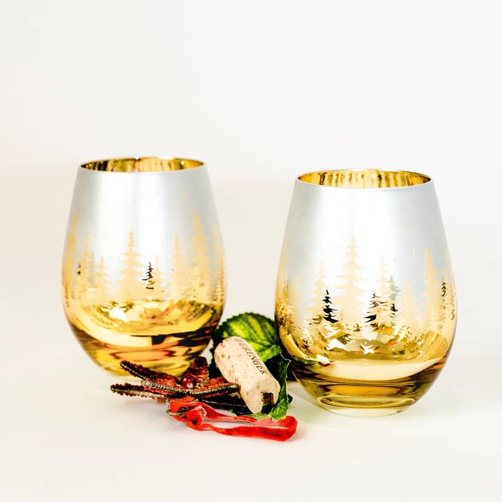 Jersey Art Glass - Wholesale Wine Glass - Gold Christmas Stemless Wine (Set of 2)2