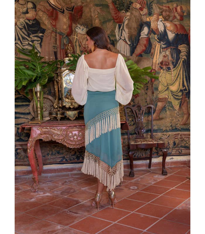 GRÜN REF.: 000015 Káhyra Alboreá Chiffon-Schalrock in Wassergrün mit Beigen Blumenmotiven für den Großhandel auf Faire5