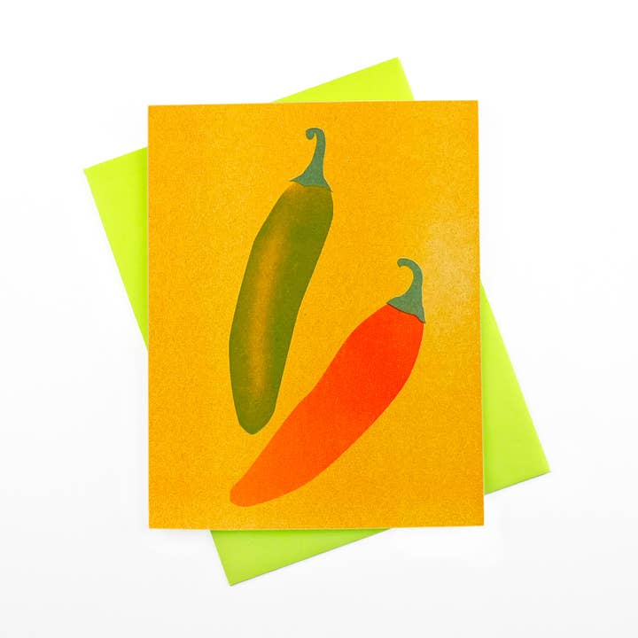 Red & Green Chiles - Risograph Greeting Card for wholesale by Next Chapter Studio