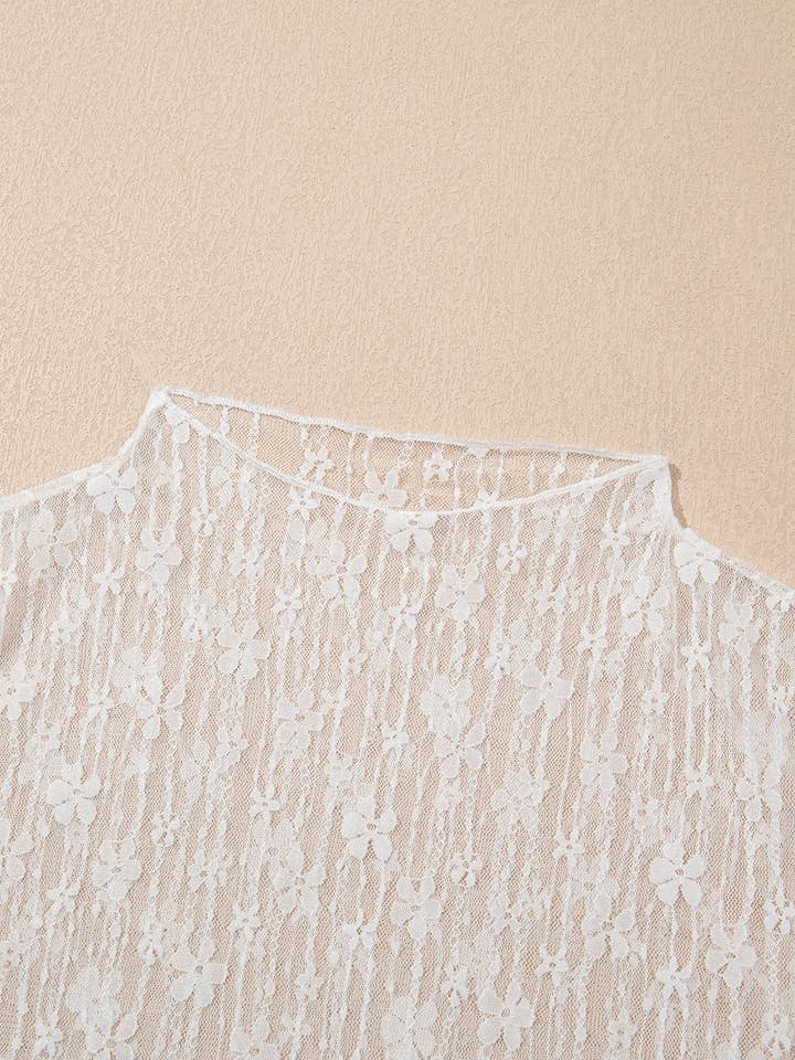 Wit Witte Transparante Bloemenkant Lange Mouwen Slim Fit Top voor groothandel op Faire4