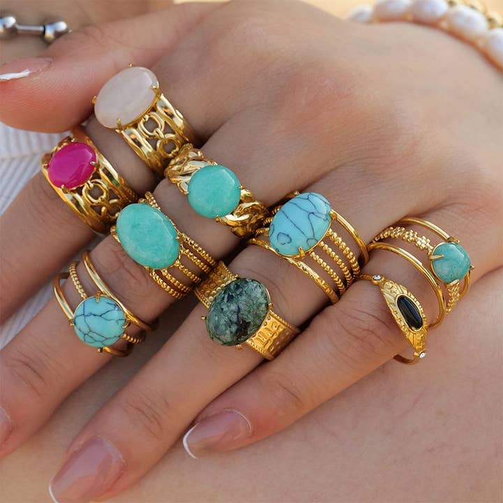 ACCITY - Wholesale Single Stone/Solitaire Ring - STAINLESS STEEL NATURAL STONE RINGS_TURQUOISE_CWAJE0615
