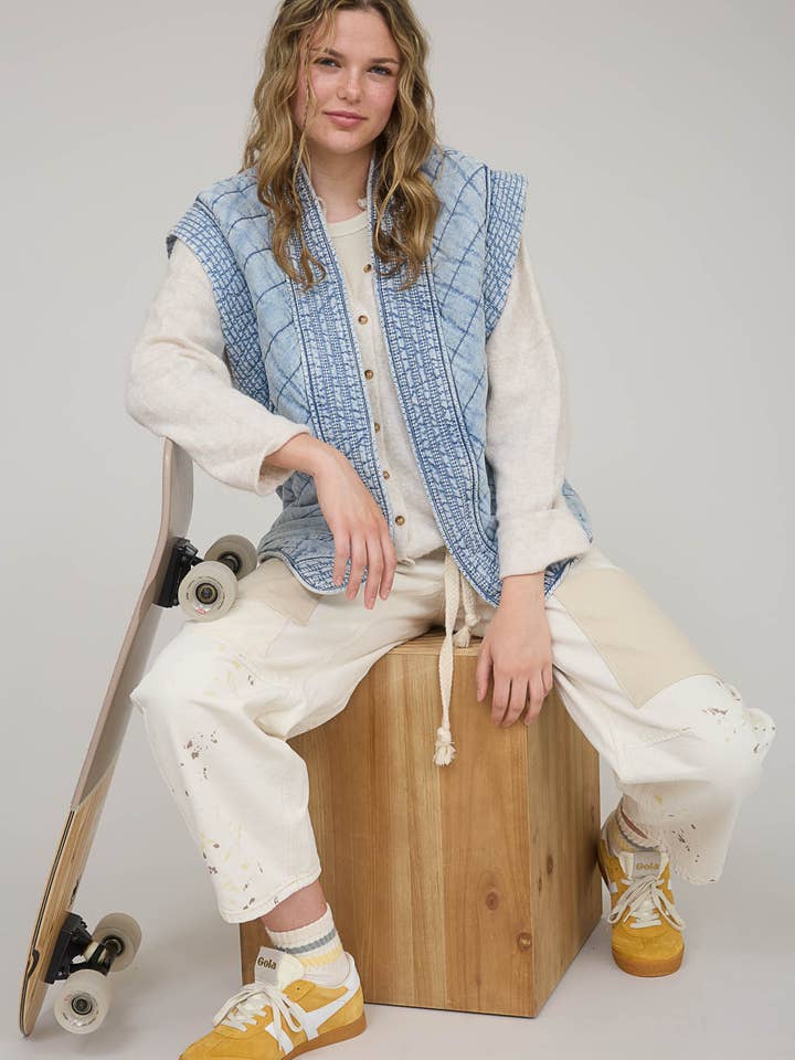 WASHED DENIM QUILTED SHAWL VEST for wholesale on Faire5