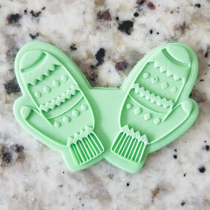 Woolly Knitted Mittens Biscuit Cookie POPup Embosser Stamp & Cutter Christmas for wholesale by Cut Bake Stamp