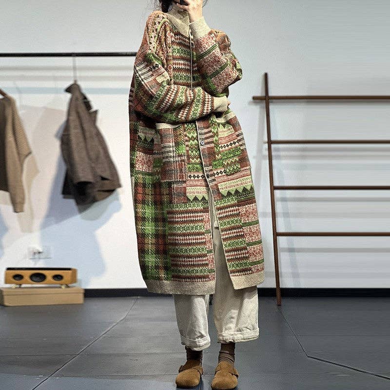 KHAKI Langer Jacquard-Strickcardigan mit Farbblockmuster für den Großhandel auf Faire1