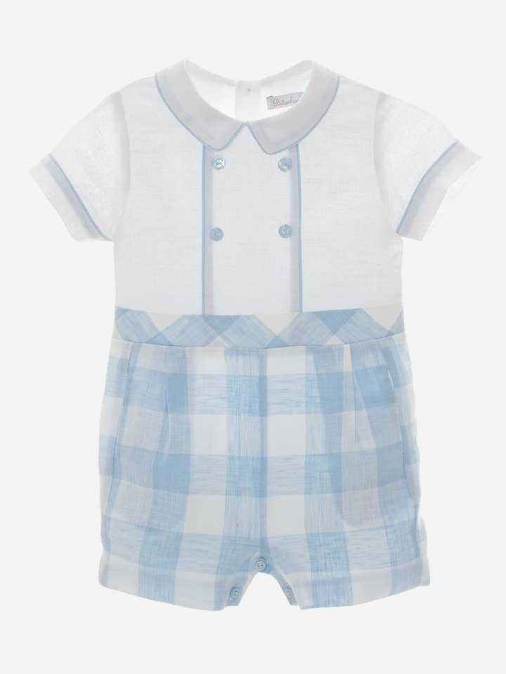 Blauwe Linnen Romper met Ruitjes voor wholesale door Patachou