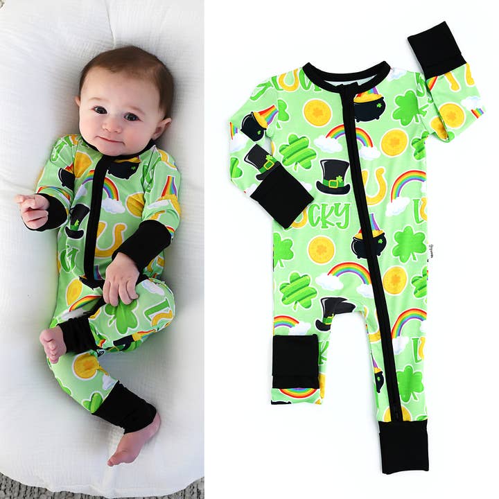 Fallon Zip Bamboo Saint Patricks Day Outfit Baby One Piece for wholesale by Gigi and Max