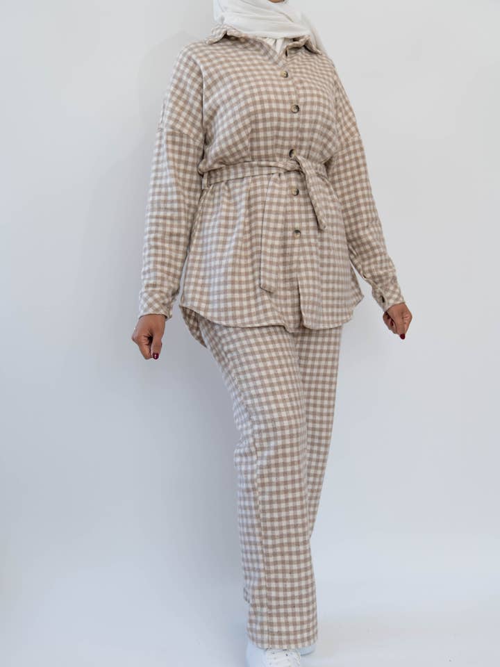 Checkered Loungewear Set for Women in Beige and Blue for wholesale by SAIS Fashion